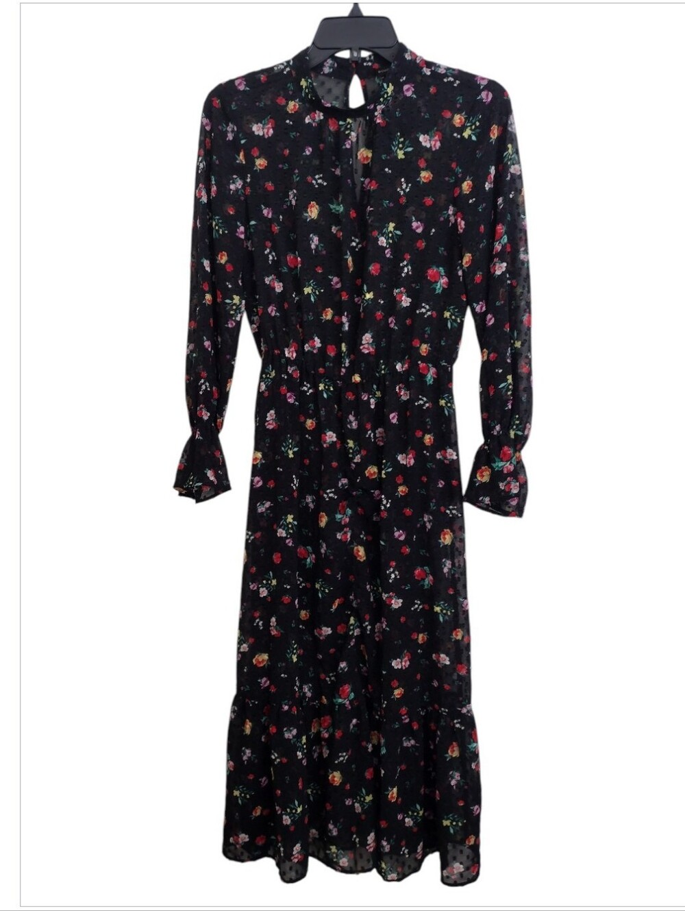 Banana Republic Sheer Black Floral Long-Sleeve Maxi Dress With Waist Tie Size 2